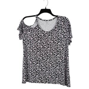 a.n.a A New Approach Top Womens Size L Black Short Cold Shoulder‎ Sleeve Floral